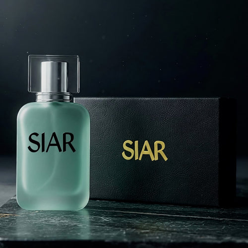 Siar Bloom perfume bottle standing in front of its box, featuring a sleek design and floral-inspired branding.