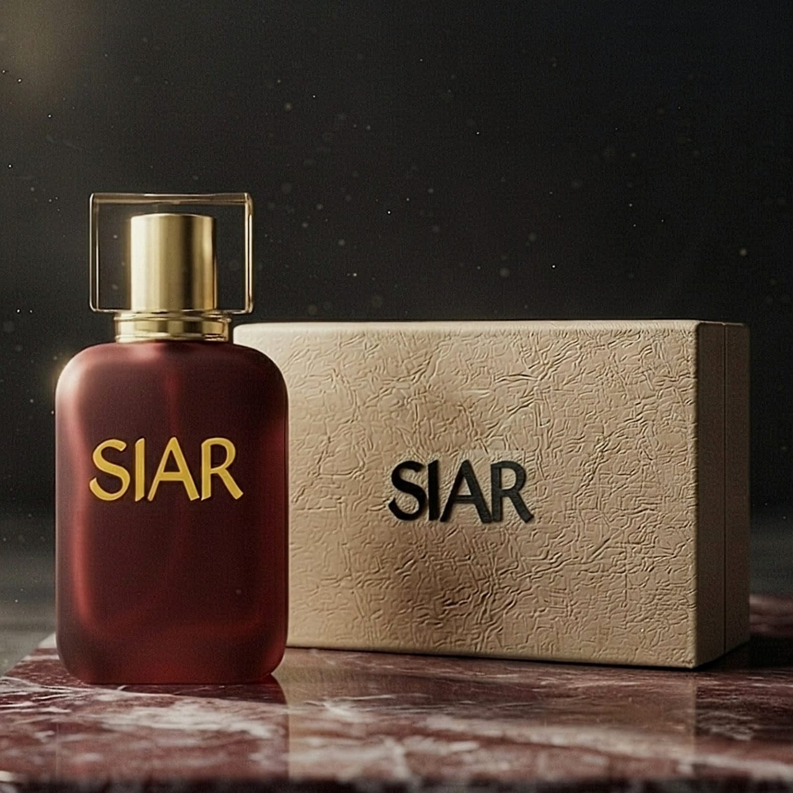 Siar Official SIAR Velvet perfume bottle standing in front of its box, elegant glass container with a velvet-textured design.