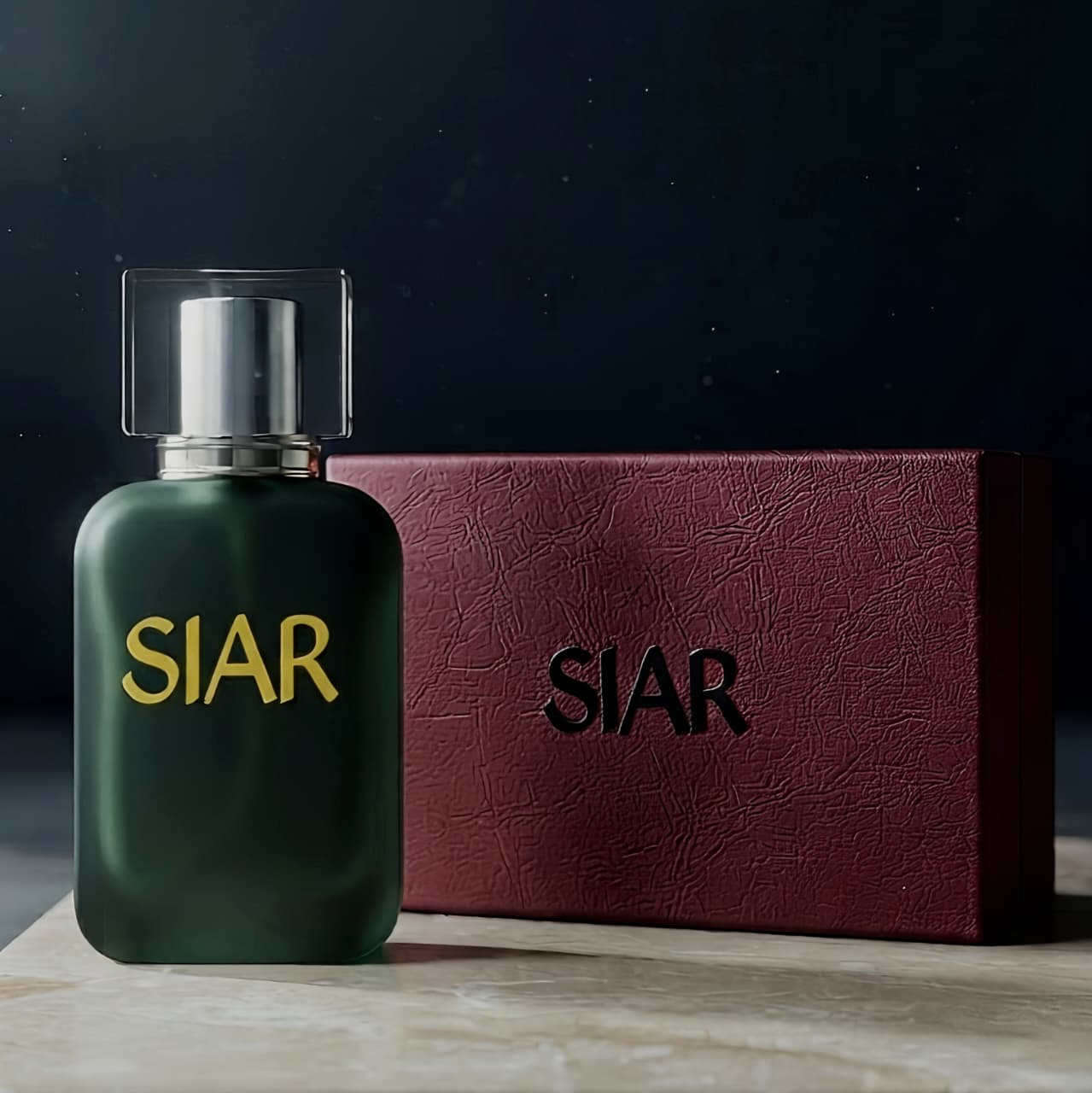 SIAR Noir perfume bottle from Siar Official standing in front of its box, showcasing sleek black design and elegant packaging.